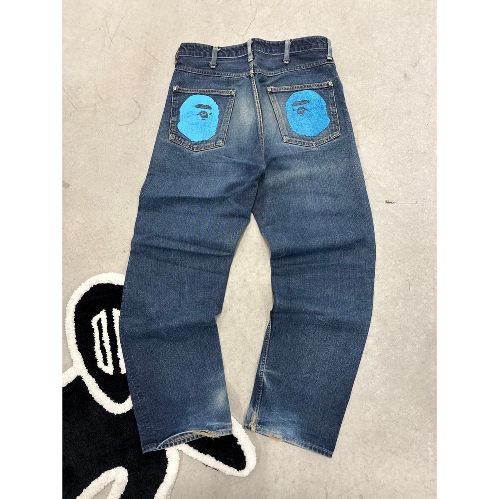 A Bathing Ape Bape Vintage 2000s Blue Ape Head Logo Denim Jeans 32x30 Japan Made